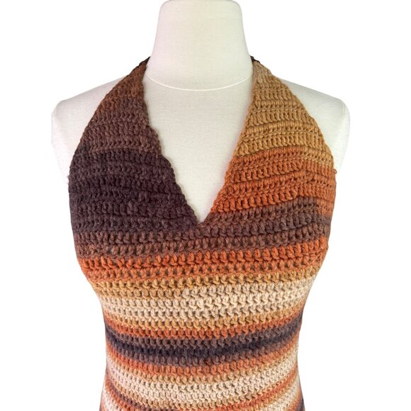 Handmade Crochet Halter Dress With Earthy Striped Pattern - Picture 2 of 7